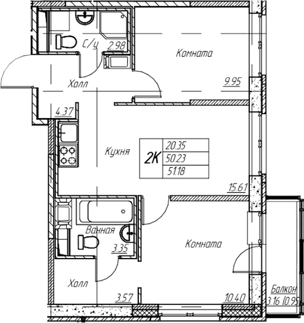 1-комнатная квартира 51.18 м², 22/22 эт., ЖК «Парк-квартал Юнтолово»